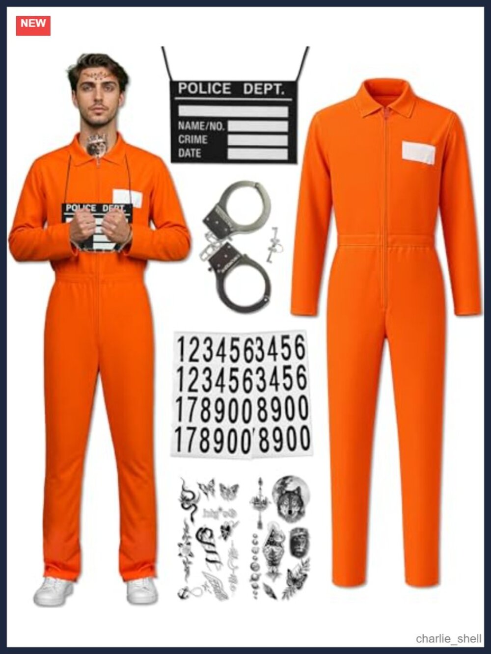 Men's Prisoner Jumpsuit Costume Set Halloween Cosplay with Handcuffs